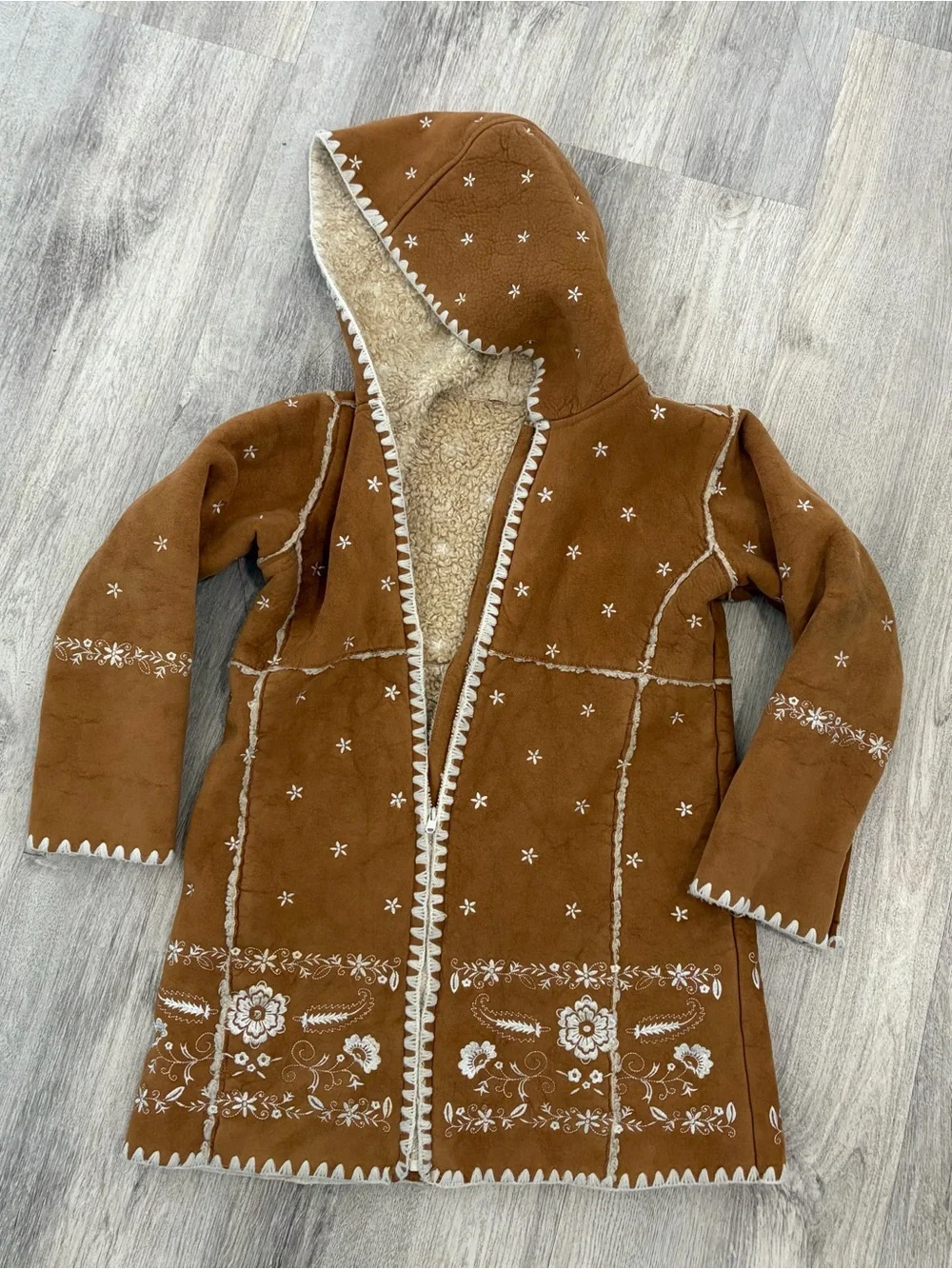 GAP Kids Hooded Coat Faux Suede Nordic Embroidered Shearling Girls 5T Cottage